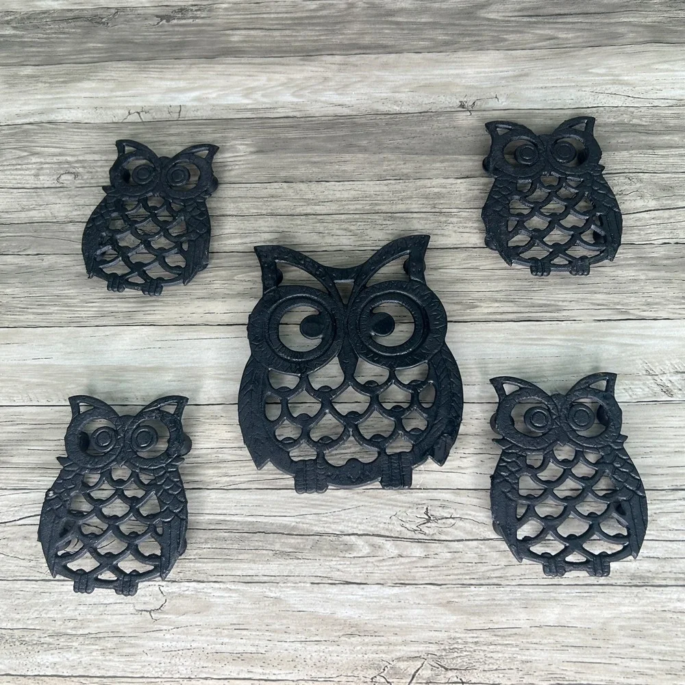 Vintage Owl Trivet Set Cast Iron Taiwan Kitchy Bird Decor Cottage Rustic Goth